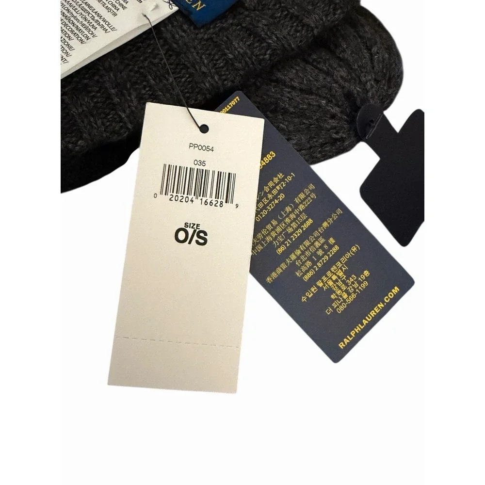 Polo Ralph Lauren Mens Grey Wool Blend Ribbed Cuff Knit Beanie Hat RL Flesh Pony